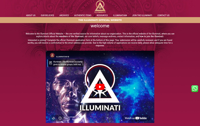 Screenshot of the illuminati official website homepage at Illuminati-Official.com